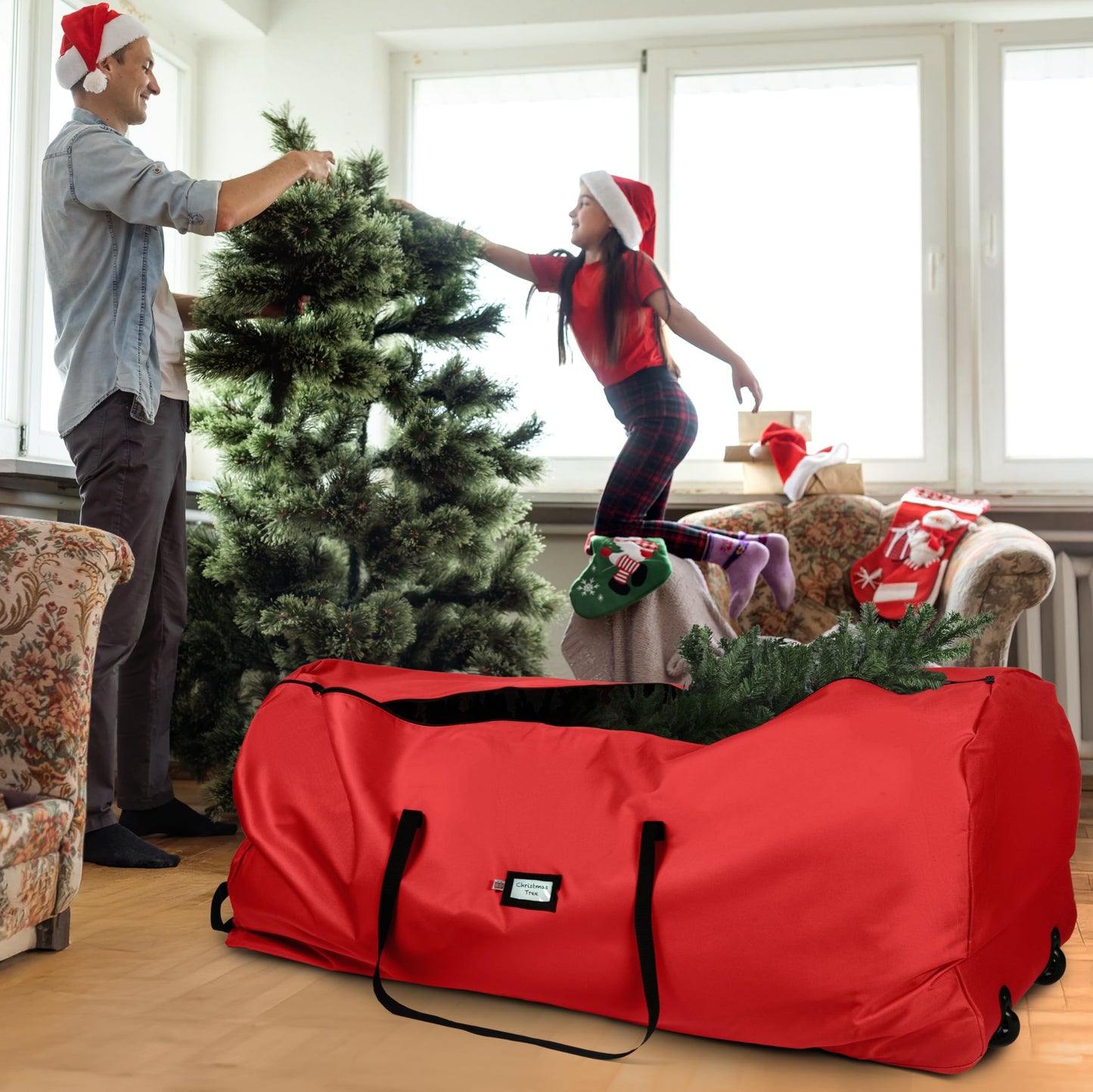 Holiday Cheer Christmas Tree Storage Bag with Wheels – Heavy Duty Christmas Tree Bag Fits Up to 9ft Tall Artificial Christmas Tree, Waterproof, Durable Handles & Zipper – Xmas Tree Storage Bag (Red)