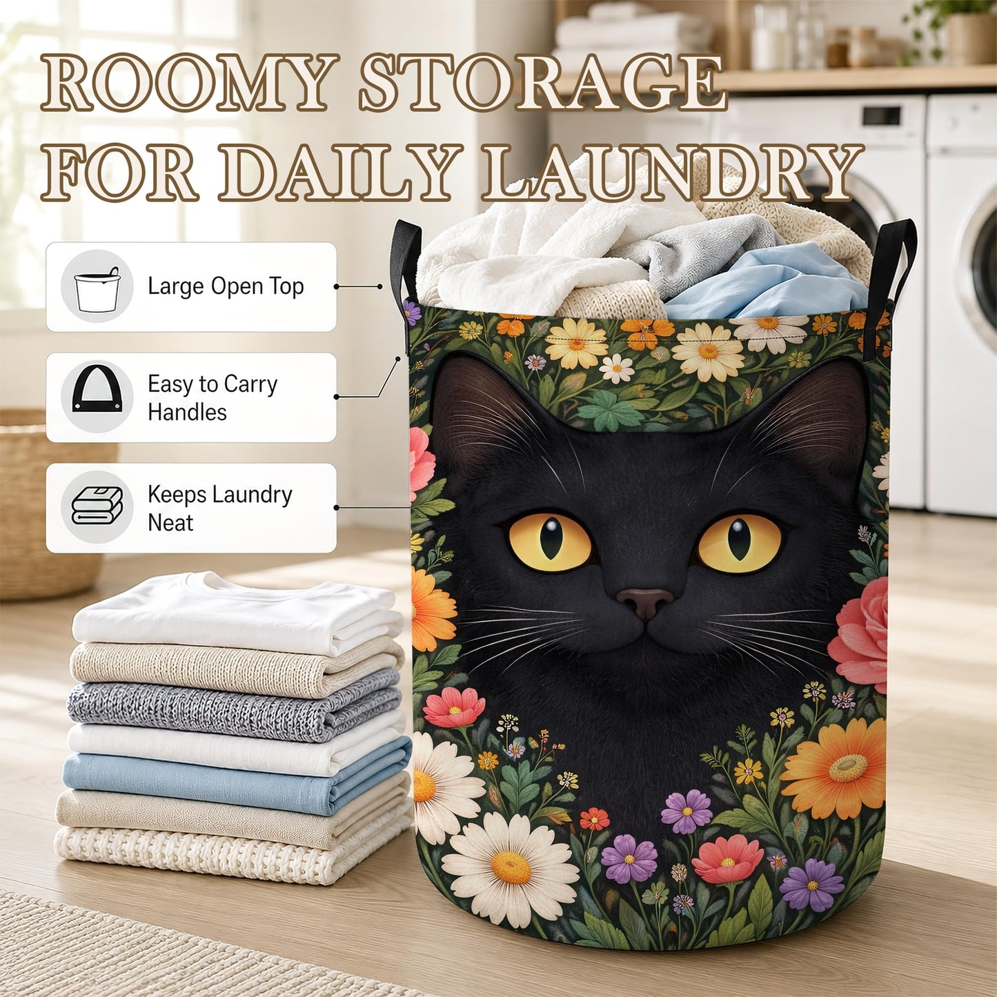 Black Cat Laundry Basket Oxford Cloth Flower Garden Laundry Hamper With Handle Foldable Portable Clothes Storage Basket Storage Bag For Laundry Room/Bathroom/Bedroom/Dormitory 20.8"x16"