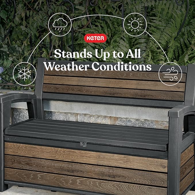 Keter Signature 60 Gallon Storage Bench Deck Box for Patio Furniture, Front Porch Decor and Outdoor Seating – Perfect to Store Garden Tools, Walnut