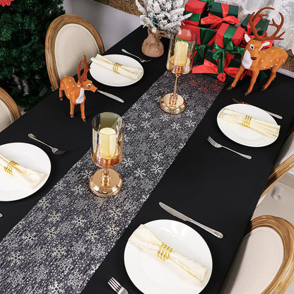 Snowkingdom 2 Pcs Christmas Snowflake Silver Table Runner 108 Inch Sparkly Silver Glitter Metallic Runners Decorations for Seasonal Winter Festival Holiday Home Party