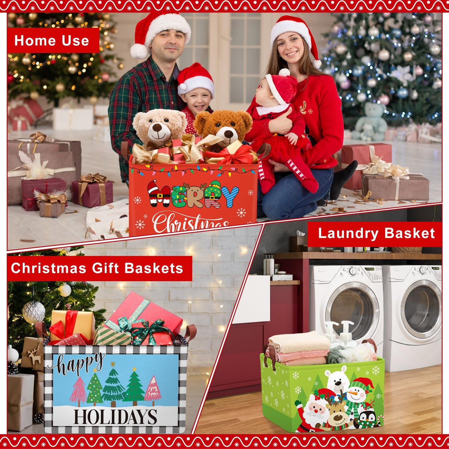 Boao 3 Pack Large Christmas Storage Baskets for Gifts Empty Collapsible Christmas Storage Bin with Handle, Xmas Canvas Laundry Basket for Home Bedroom Clothes Toys Closet Shelf Office Holiday Decor