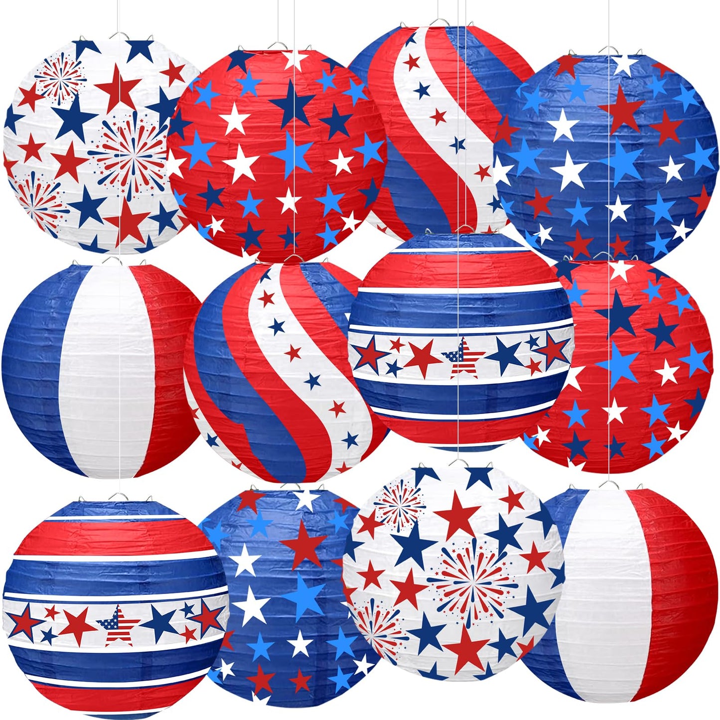 ADLKGG 4th of July Independence Day Paper Lanterns Party Decorations for Patriotic American Stars and Stripes Blue Red Memorial Day Decorations, Citizenship Party Decorations, Labor Day, 12PCS