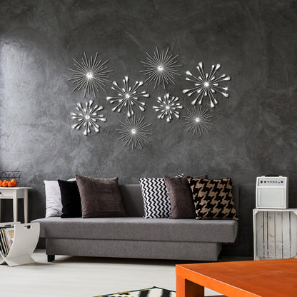 Blulu 8 Pcs Silver Metal Wall Art Cast Iron Starburst Wall Decor Bling Crystal Sculptures Living Room 3D Teardrop Radial Rhinestone Hanging Diamond Accents for Home Office Bedroom Entryway