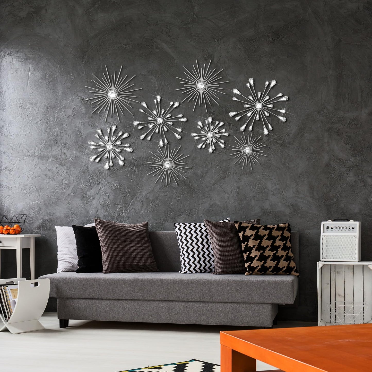 Blulu 8 Pcs Silver Metal Wall Art Cast Iron Starburst Wall Decor Bling Crystal Sculptures Living Room 3D Teardrop Radial Rhinestone Hanging Diamond Accents for Home Office Bedroom Entryway