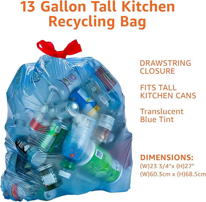 Amazon Basics Blue Recycling Drawstring Trash Bags, Tall Kitchen, 13 Gallon