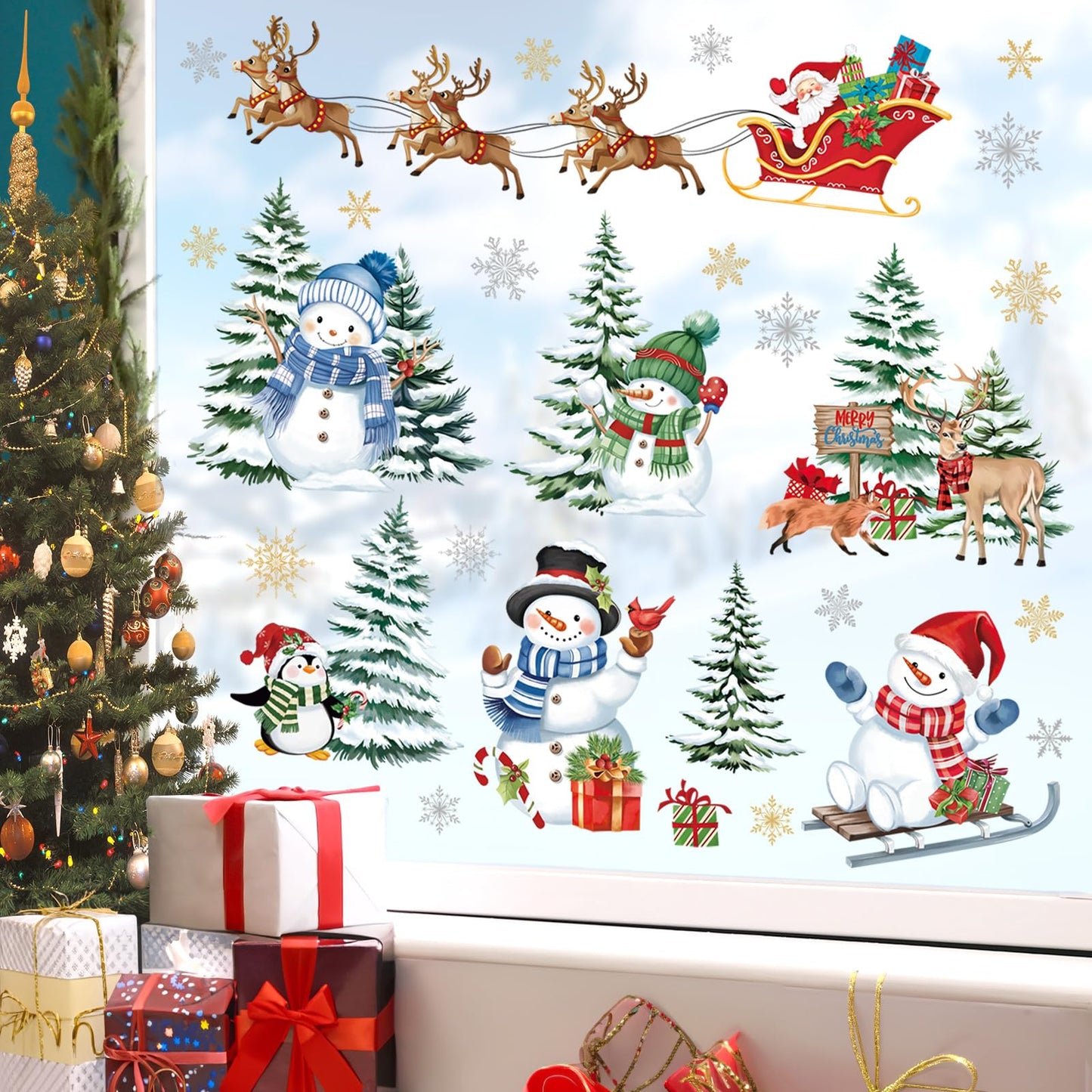 decalmile Christmas Winter Snowman Reindeer Window Clings Reusable Santa Claus Elk Xmas Tree Window Decals Double Side Printed Window Stickers Glass Door Home Party Shop Showcase Decoration