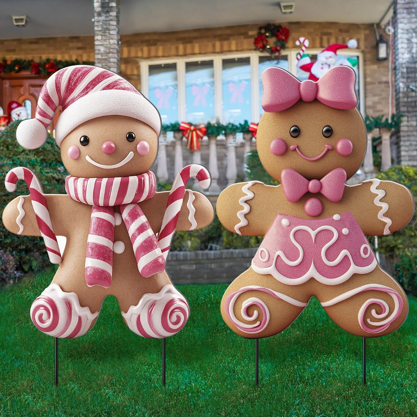 Memorywuu 2 Pack Christmas in July Yard Stakes Metal Stakes 3D Boy and Girl Yard Sign Christmas Outdoor Decorations for Outside Holiday Xmas Winter Ornament Lawn(Pink Gingerbread Man Couple)