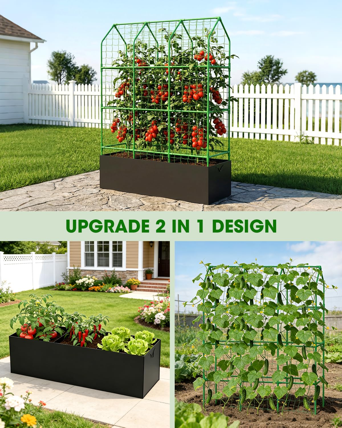 65" Cucumber Planter with Trellis for Climbing Plants Outdoor, Metal Garden Trellis for Raised Bed, Plant Support Structures with Netting for Cucumbers Tomatoes Beans Peas (50 * 17 * 65inch(L*W*H)