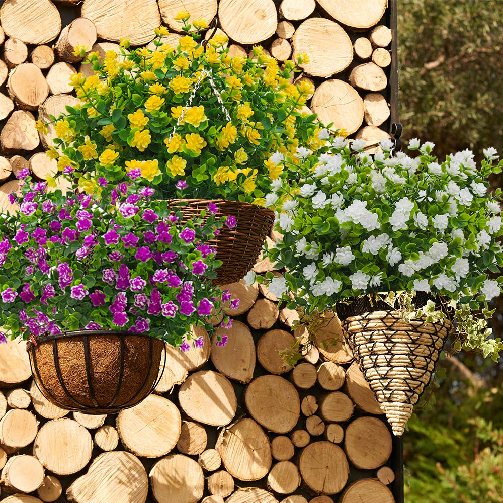 Grunyia 10 Bundles Artificial Fake Flowers, Faux Outdoor Plastic Plants UV Resistant Shrubs Outside Indoor Decorations (White-Eucalyptus)