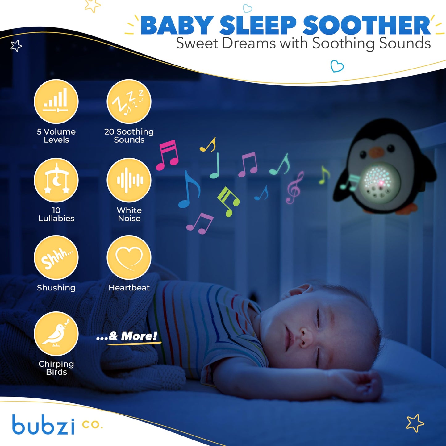 Bubzi Co Sound Machine, Portable Penguin Soother & Night Light Projector, Comforting Electronic Infant Toddler Sleep Aid With White Noise
