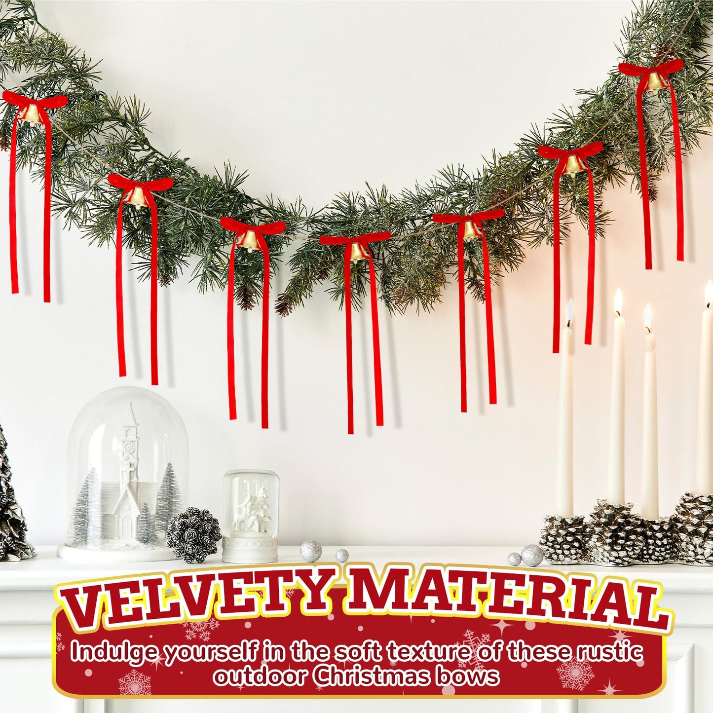 Suncalla 10 Feet Christmas Velvet Bow Garland with Jingle Bell Red Ribbon Bow Jingle Bell Banner Velvet Christmas Ornaments for Xmas Tree Fireplace Staircase Indoor Outdoor Decoration