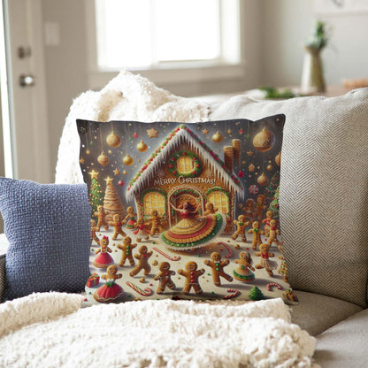Jiaopenyou Throw Pillow Cover 20x20 Inch,Gingerbread Men in Gingerbread House Dancing with The Words Merry Christmas Throw Pillow Case,Home Decor Cushion Covers for Sofa Living Room Couch Bed