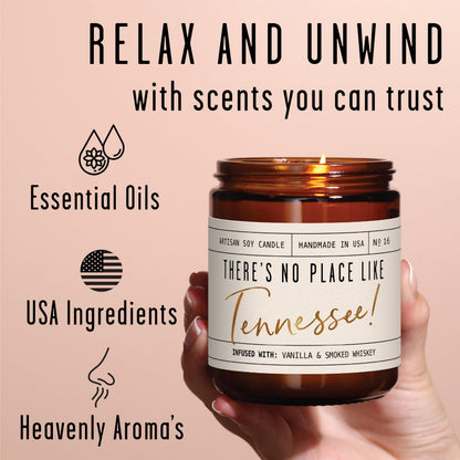 Tennessee Gifts, Tennessee Decor for Home - 'There's No Place Like Tennessee Candle, w/Vanilla & Smoked Whiskey I Tennessee Souvenirs I Tennessee State Gifts I 9oz Jar, 50Hr Burn, USA Made