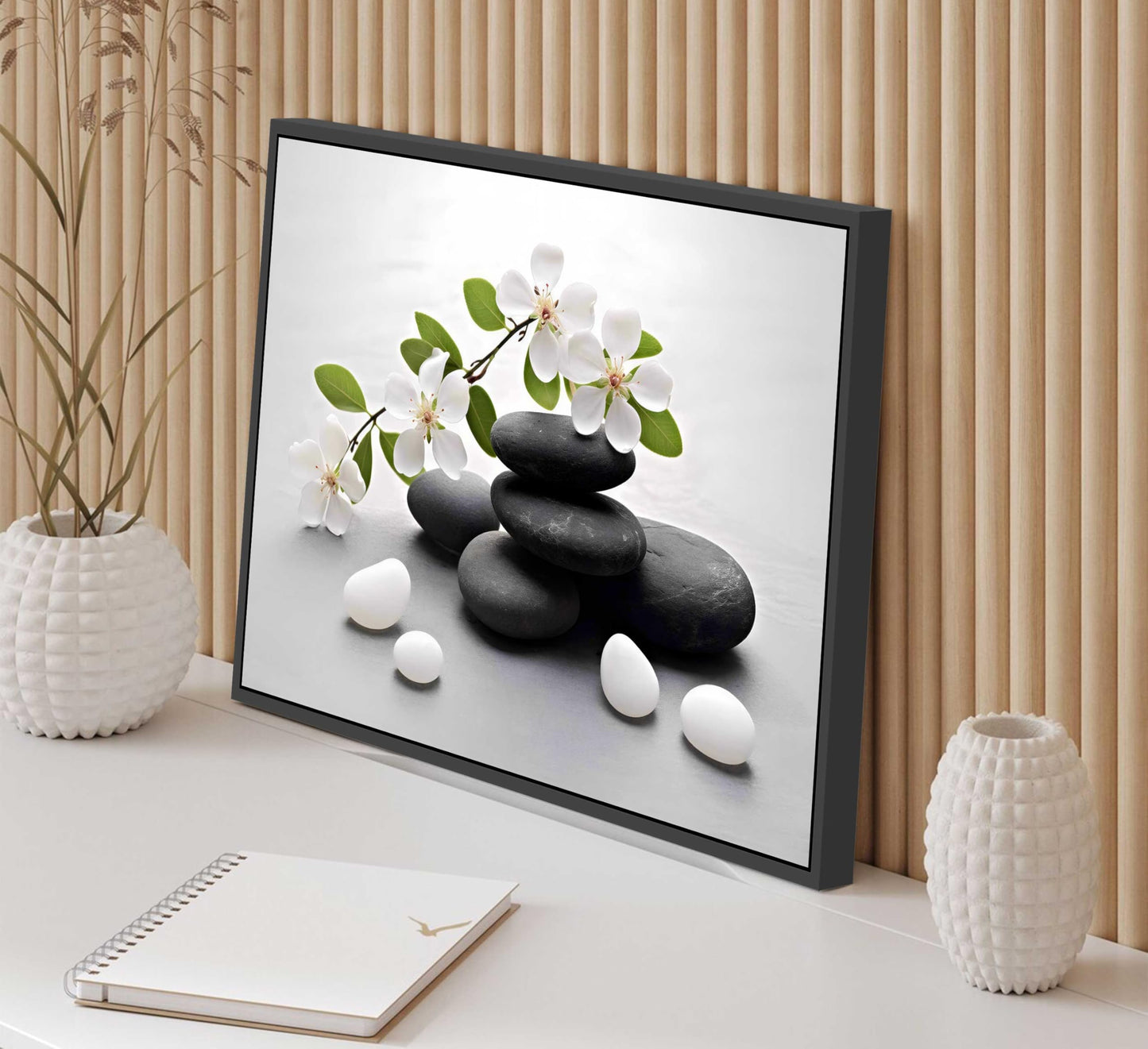 Framed Zen Stone Flower Canvas Wall Art Orchid Flower Black White Zen Stone Picture Wall Decor Still Life Poster Print Artwork for Bathroom Yoga Room Spa Room Meditation Room Office Home Decoration