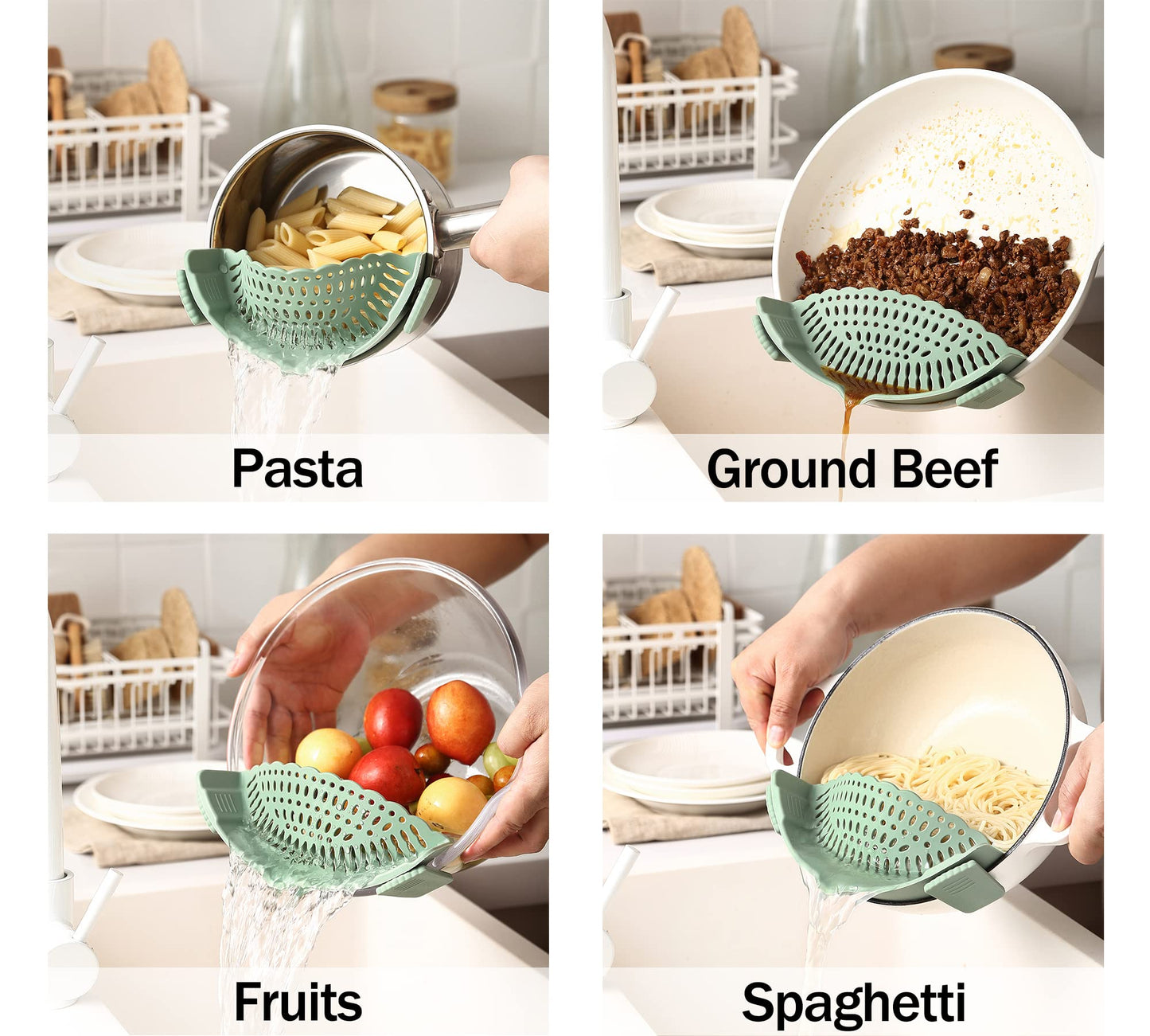 Adjustable Over the Sink Colander Strainer, Silicone Clip On Strainer for Pots Strainers and Plastic Colanders Drainer Basket for Food Pasta Vegetables Kitchen, Extendable 14.5"-19.5", Green