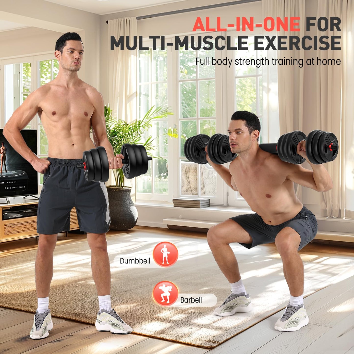 UKEEP Adjustable Dumbbells Sets, 20/30/40/55/60/70/80/90lbs Free Weights Dumbbells Set of Convertible 2 or 3 in 1 Dumbbells Set Used as Barbell, Kettlebells, A Pair of Lightweight for Home Gym