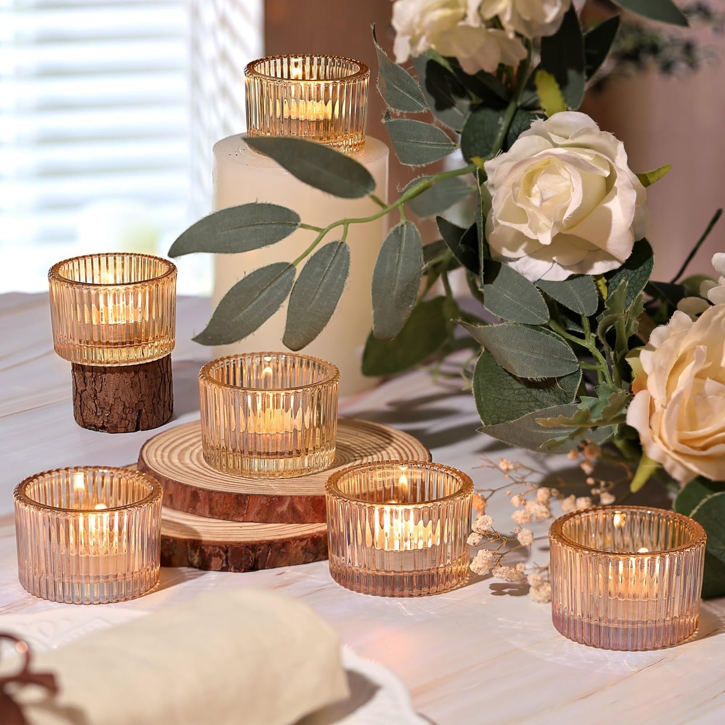 HAVITI 24 Pack Tealight Gold Candle Holders, Votive Tea Light Candle Holder Glass for Gold Centerpieces Fall Wedding Table Decor, Party Supplies, Home Decor