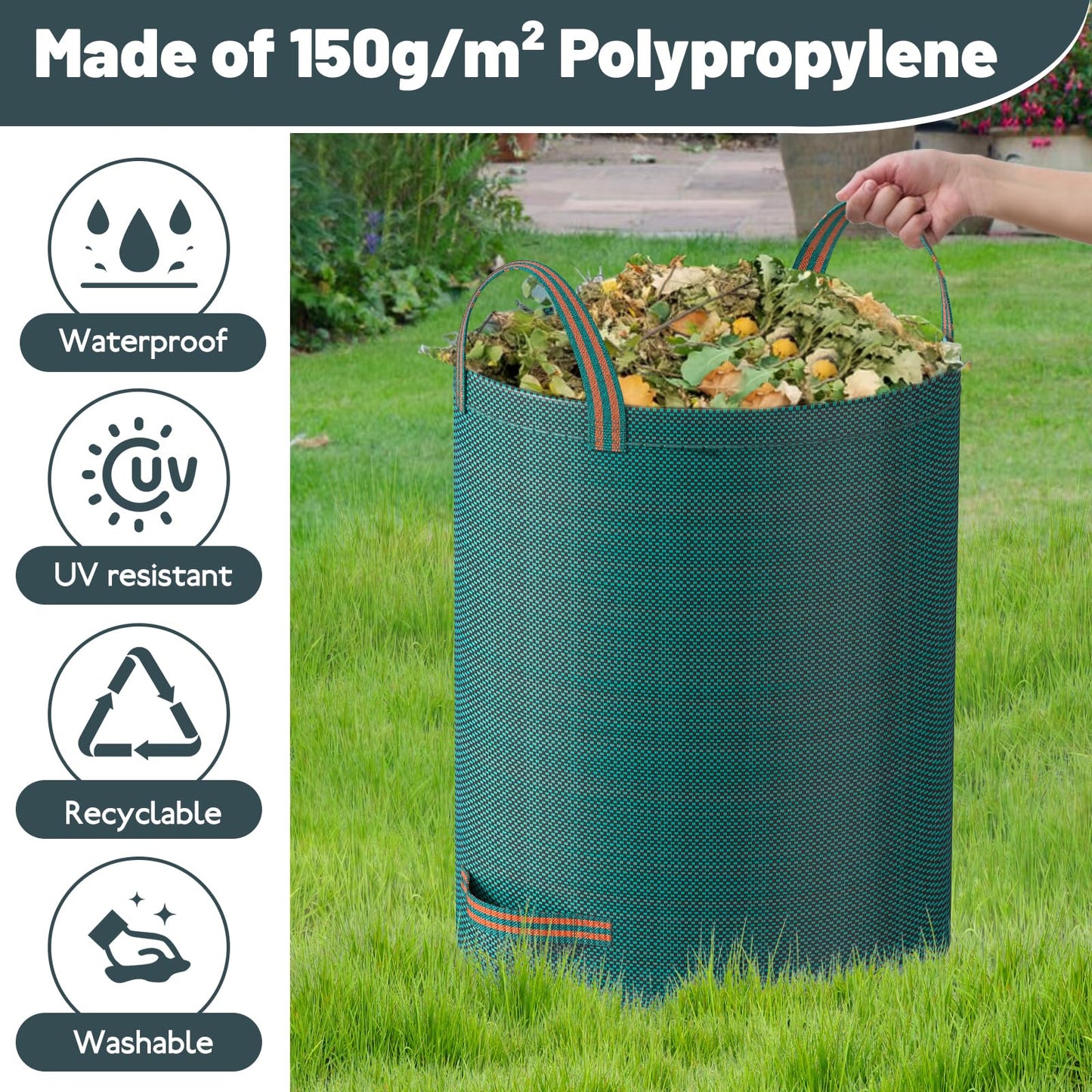 Mokani Garden Waste Bags Heavy Duty with Handles, 300L x 3 Reusable Garden Sacks, Foldable Camping Recycling Bags for Leaf, Trash, Debris, Garden Rubbish Bags Waterproof