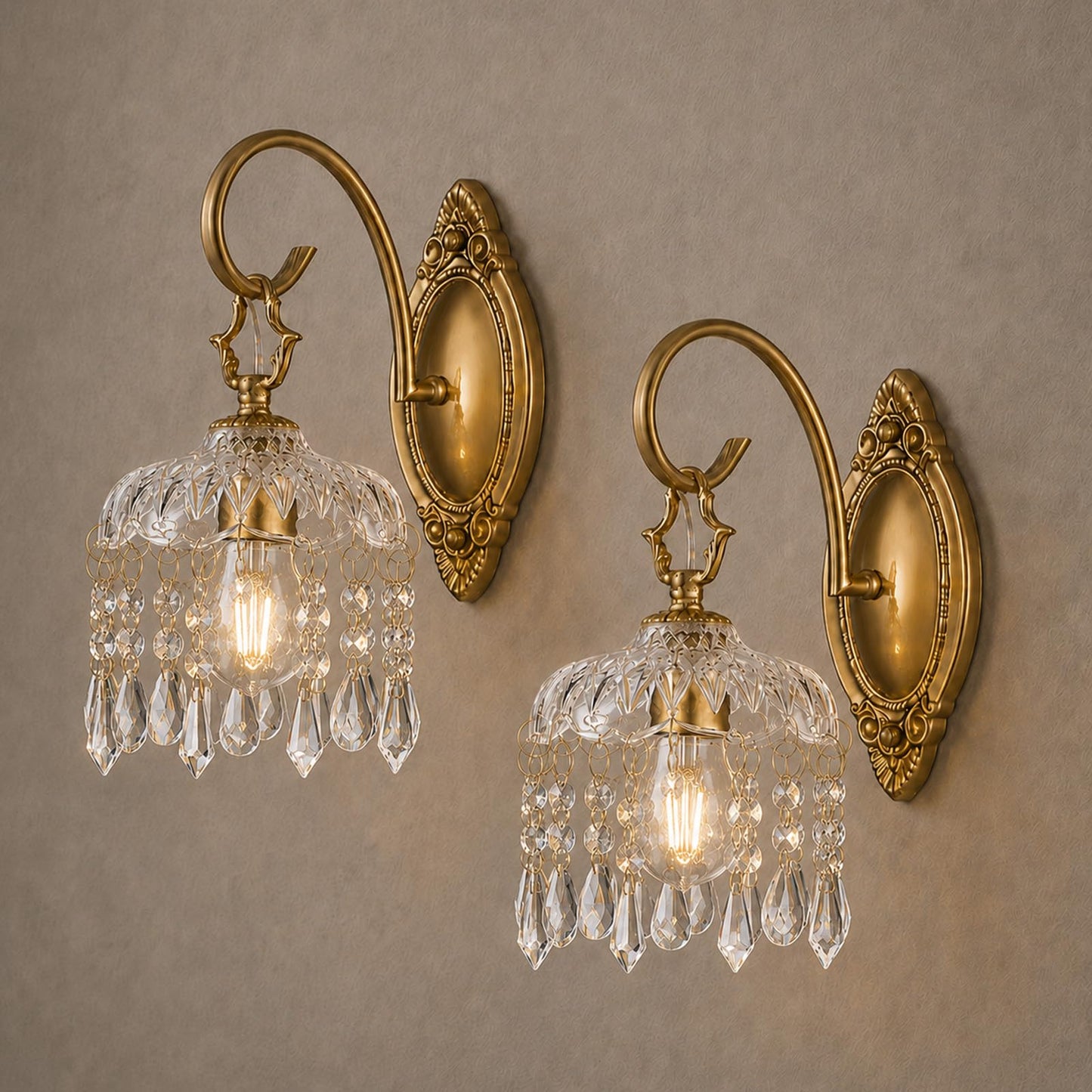 Hamilyeah Crystal Wall Sconces Set of 2, Gold Hardwired Wall Sconce with Faceted Glass Shade and Crystal Drops, Vintage Victorian Brass Wall Light Fixture for Bedroom, Living Room, Hallway, Entryway