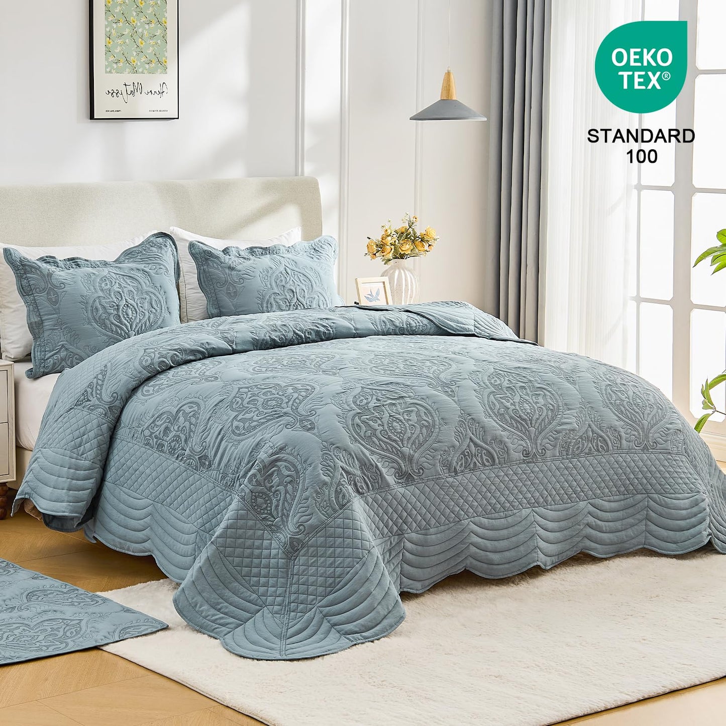 DaisyHuang Oversized Bedspread Coverlet Set Queen Size - Lightweight Bedding Cover - Beautiful Stitching - 4 Piece Reversible Bedspread, Dusty Blue