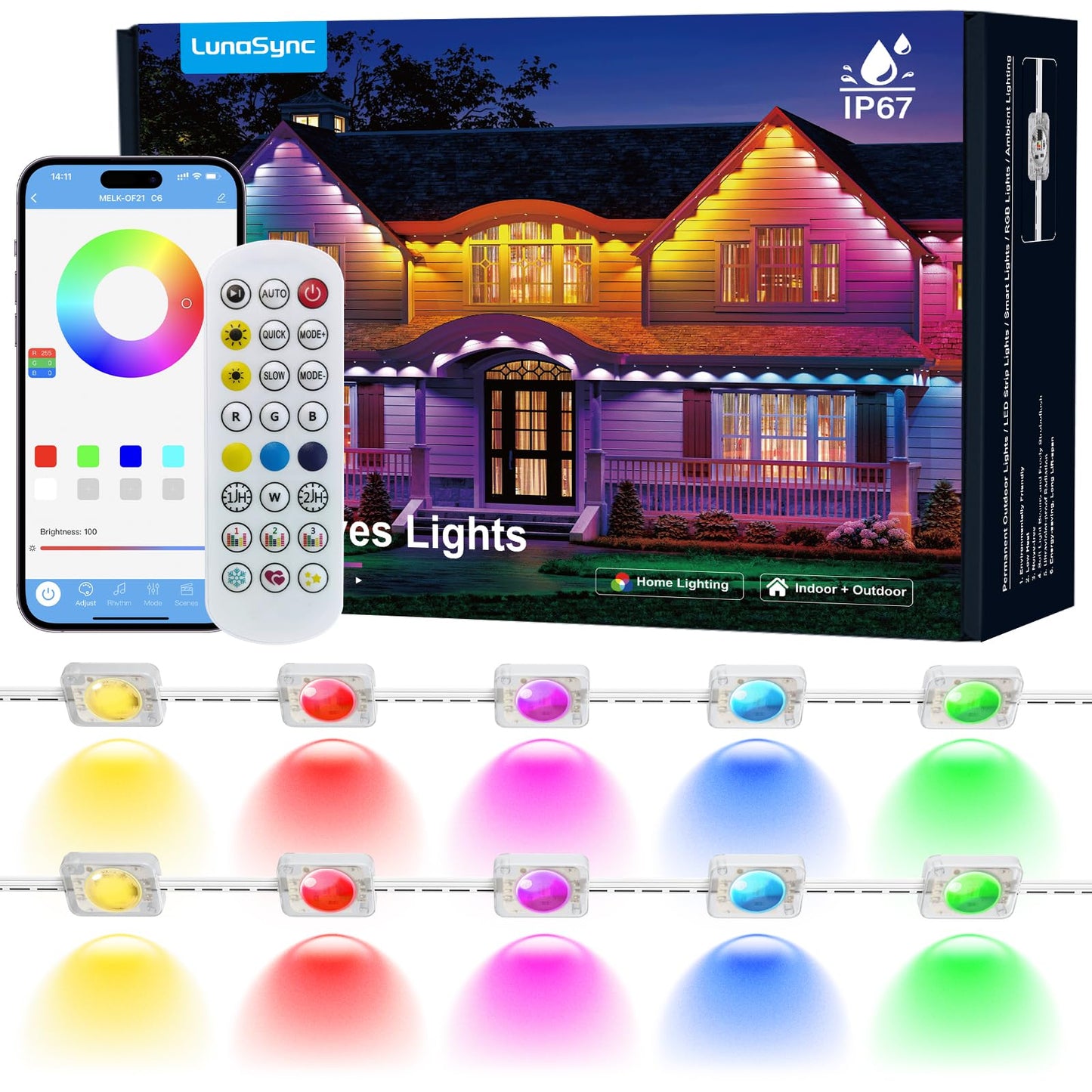 LunaSync Permanent Outdoor Lights, 150ft RGBIC Smart LED Eaves Lights with App & Remote Control, IP67 Waterproof, 50 Scene Modes for Christmas, Holiday, Pool Party & Daily Decor