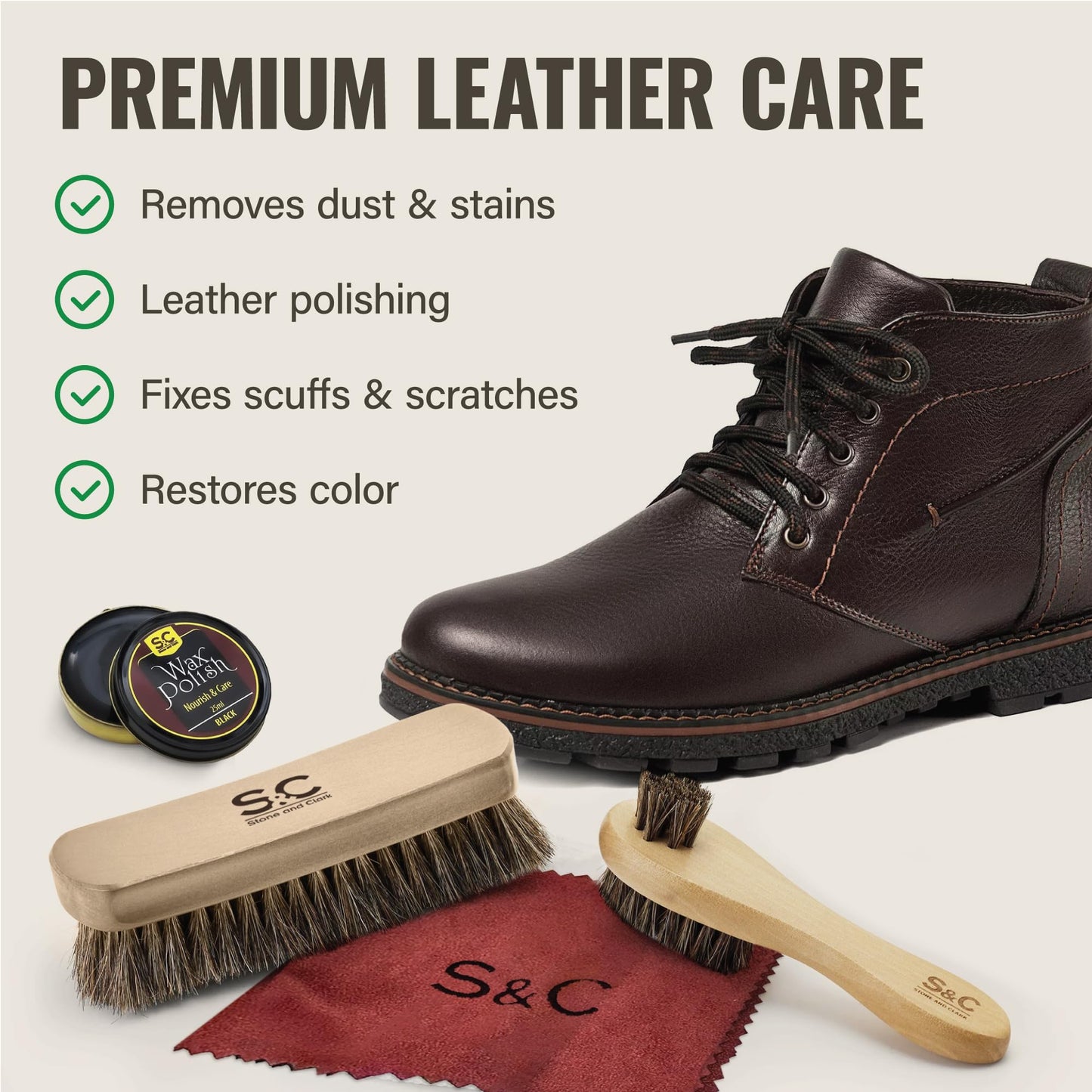 Stone & Clark 12PC Shoe Polish & Care Kit, Leather Shoe Shine Kit with Brown Wax, Shoe Brushes for Polishing, Shine Cloth & Shoe Horn, Compact Shoe Cleaning Kit with Horse Hair Brushes & PU