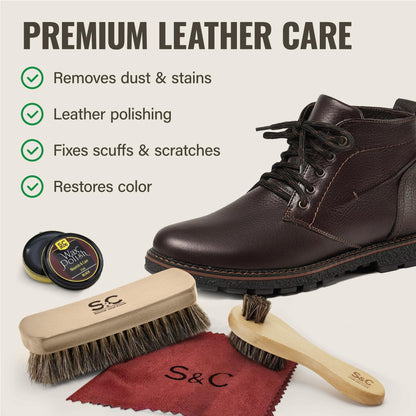 Stone & Clark 12PC Shoe Polish & Care Kit, Leather Shoe Shine Kit with Brown Wax, Shoe Brushes for Polishing, Shine Cloth & Shoe Horn, Compact Shoe Cleaning Kit with Horse Hair Brushes & PU