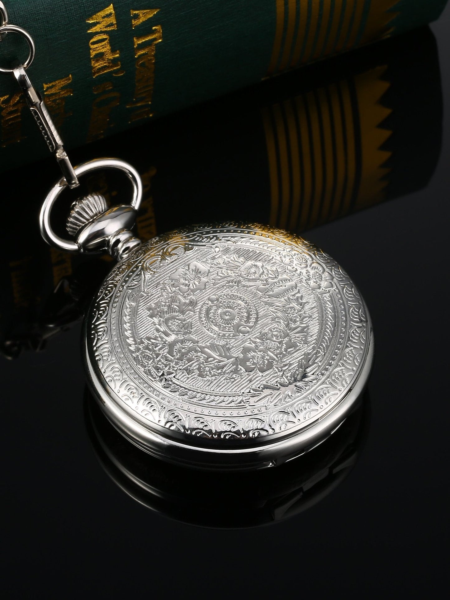 Quartz Pocket Watch for Men with Black Dial and Chain (Silver)