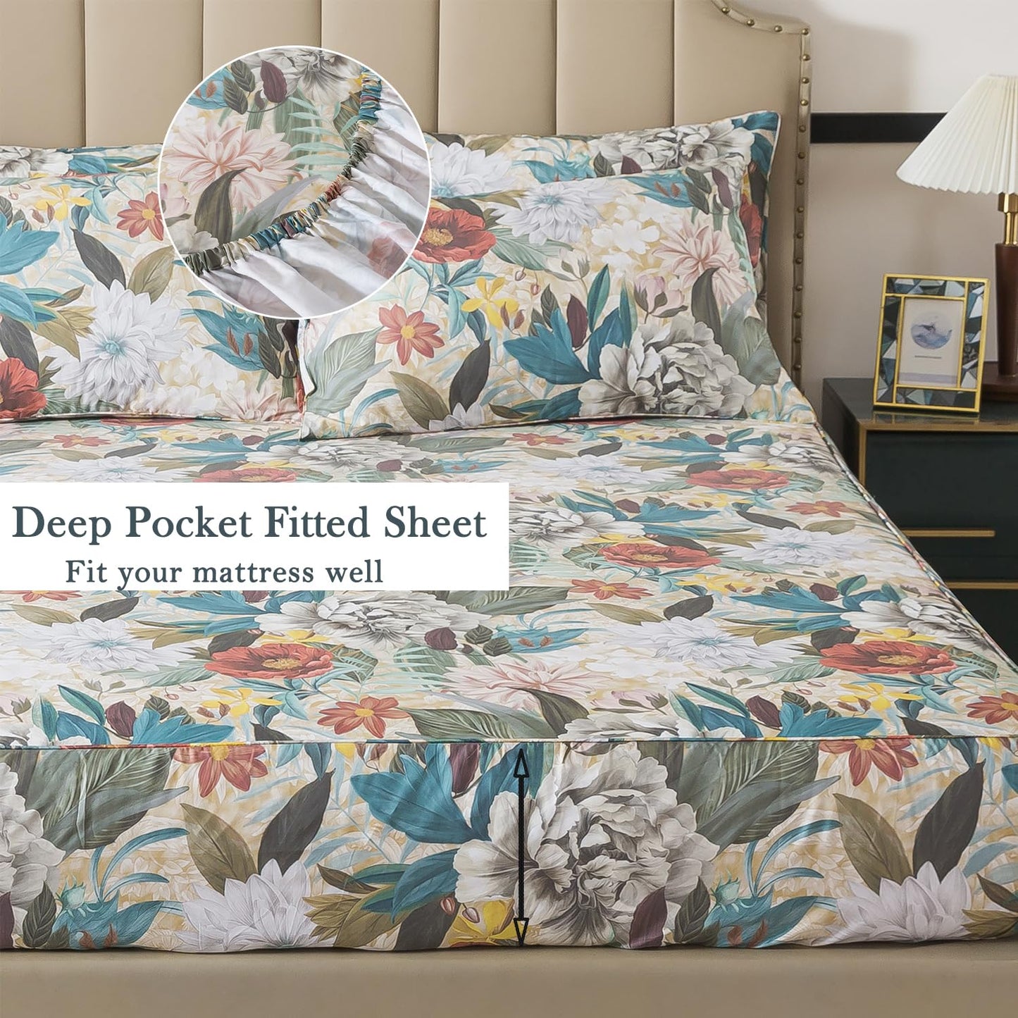 FADFAY California King Sheet Set, 100% Cotton Sateen Soft Breathable, Luxury Vintage Floral Bed Sheets, Deep Pocket Fitted Sheet, Classic Garden Style Bedding, 4 Pieces