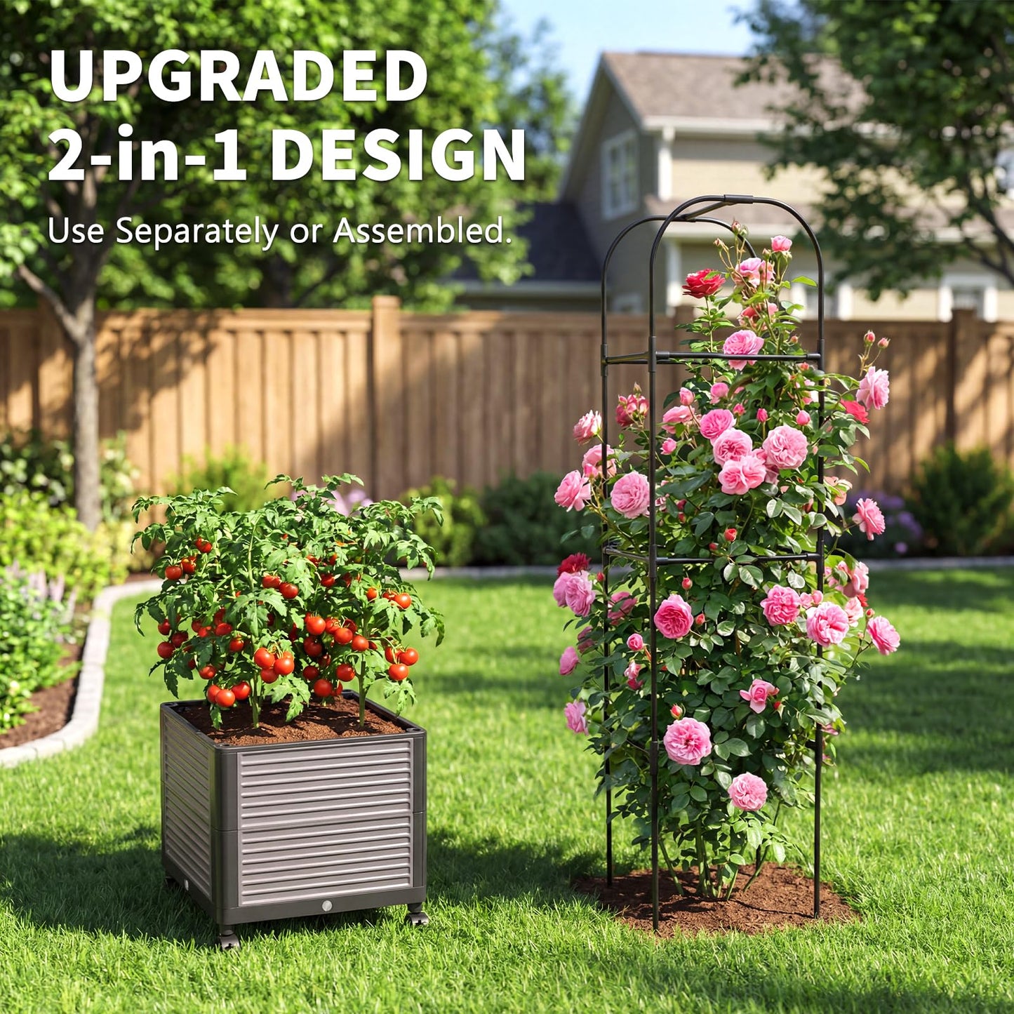 DoCred 60" H Raised Garden Bed Planter Box with Wheels, 3 Pack Tomato Cage Planter Raised Garden Bed with Trellis for Climbing Vegetables Plants Tomato Cage, Indoor Outdoor Use
