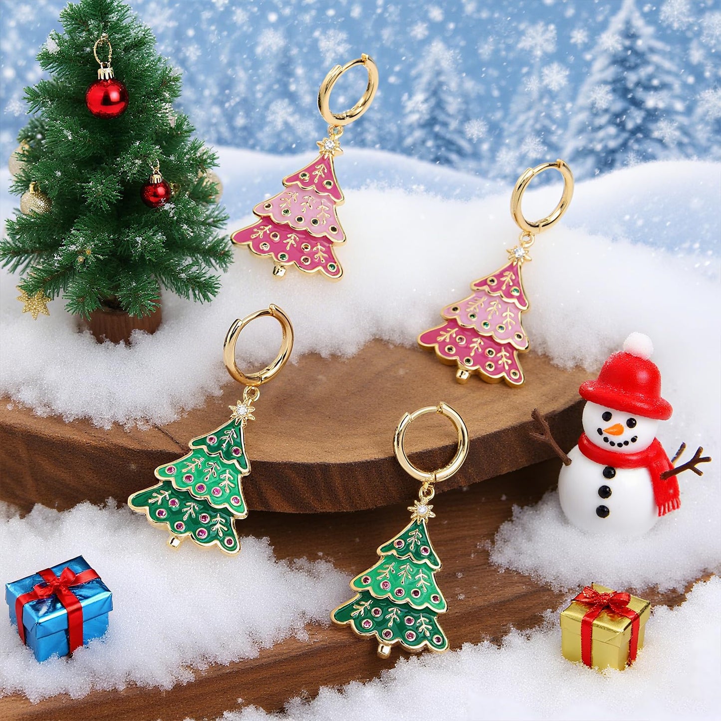 Sonateomber Christmas Tree Stocking Stuffers Dangle Drop Earrings for Women, Dainty Cute Xmas Gold Green Enamel Tree Dangling Hoop Santa Earings Holiday Party Outfit Accessories Costumes Jewelry Gift