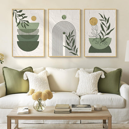 Framed Boho Sage Green Wall Art for Living Room, Large Mid Century Modern Tropical Leaf Canvas Artwork for Walls, 3 Piece Beige Orange Bohemian Wall Art Prints for Bedroom Kitchen Hallway, 16x24 Inch