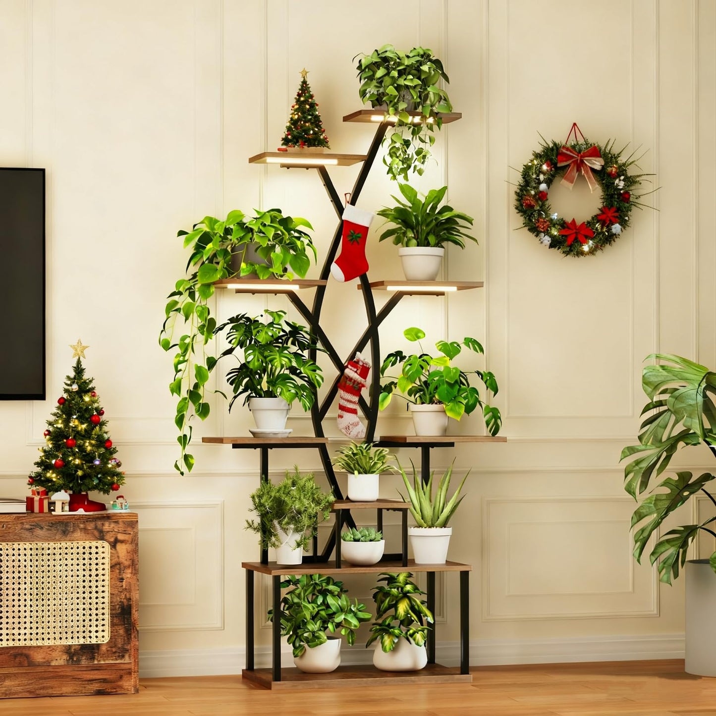DongRong Plant Stand Indoor with Grow Lights - 9 Tiered 66" Tall Metal Plant Shelf, Curved Plant Stand with Adjustable Feets for Multiple Plants, Corner Flower Shelf for Living Room, Patio