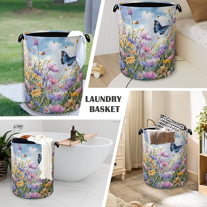 Wildflowers Butterfly Laundry Basket, Floral Garden Oxford Cloth Laundry Hamper