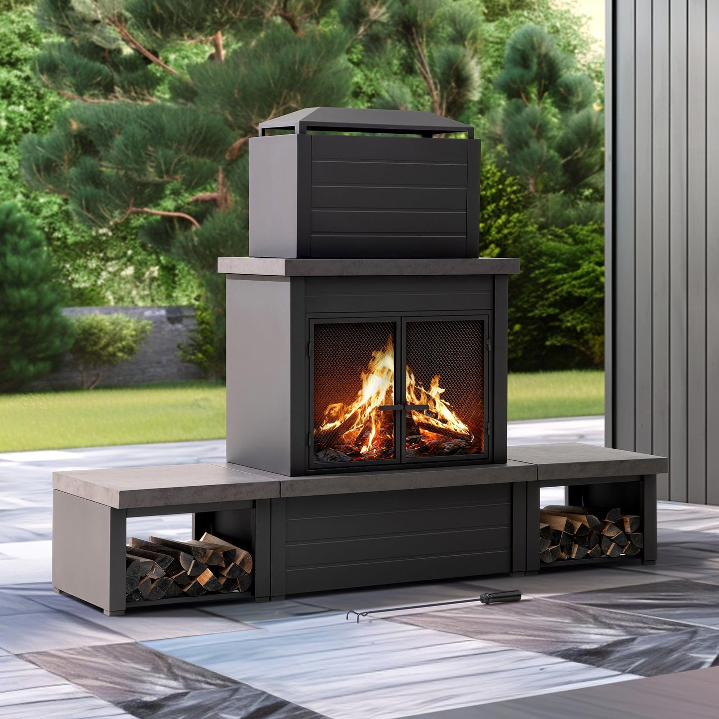 SUNJOY Outdoor Fireplace with Wood Storage and Chimney, Steel Metal Wood Burning Fire Pit with Mesh Spark Screen Door & Fire Poker, Fireplace Tool and PVC Cover, for Patio Garden Deck Backyard, Brown