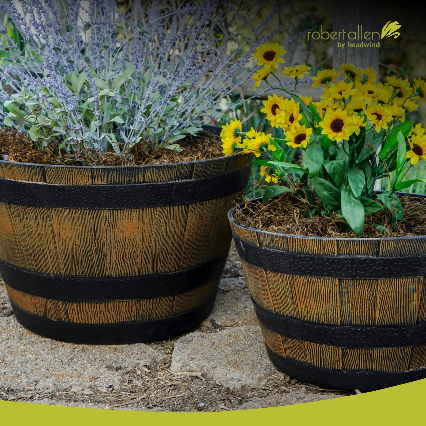 Headwind Whiskey Barrel Planter – 15 Inch New Wood Barrel Planters for Outdoor Plants – Weather-Resistant Flower Pot with Wooden Finish – Decorative Indoor & Outdoor Garden Planter by Robert Allen