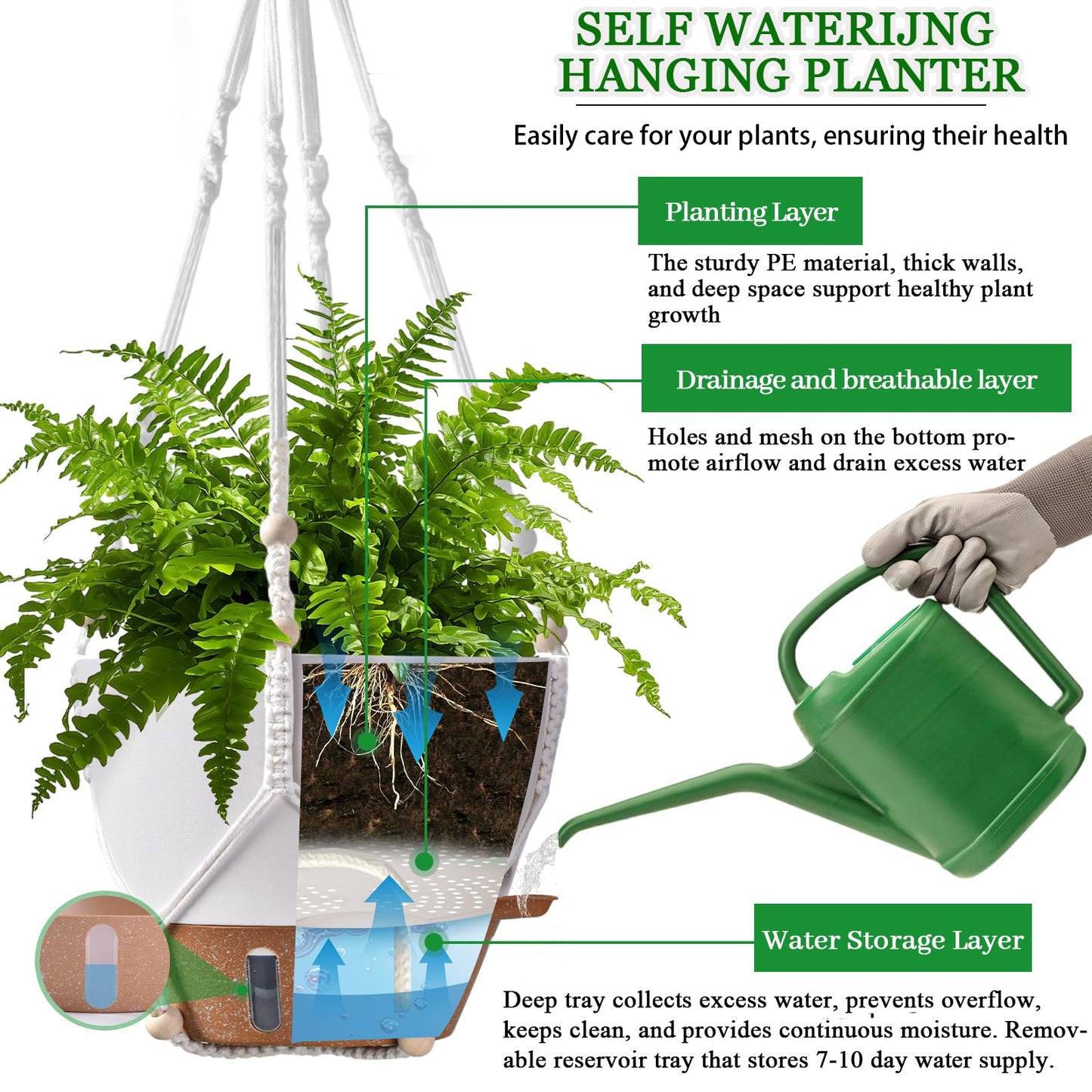 10 Inch Hanging Planters for Indoor Plants, 2 Pack Self Watering Hanging Baskets Flower Pots with Drainage Hole, Visual Reservoir & 2 Kinds of Plant Hanger for Outdoor Garden Home Decor (White)