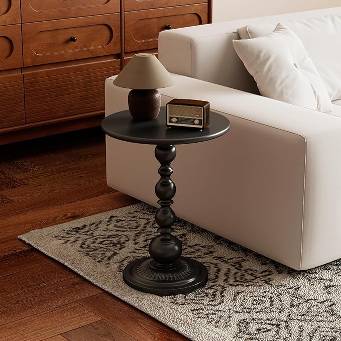 Funecy Metal Small End Table, Vintage Matte Black Round Side Table Nightstand