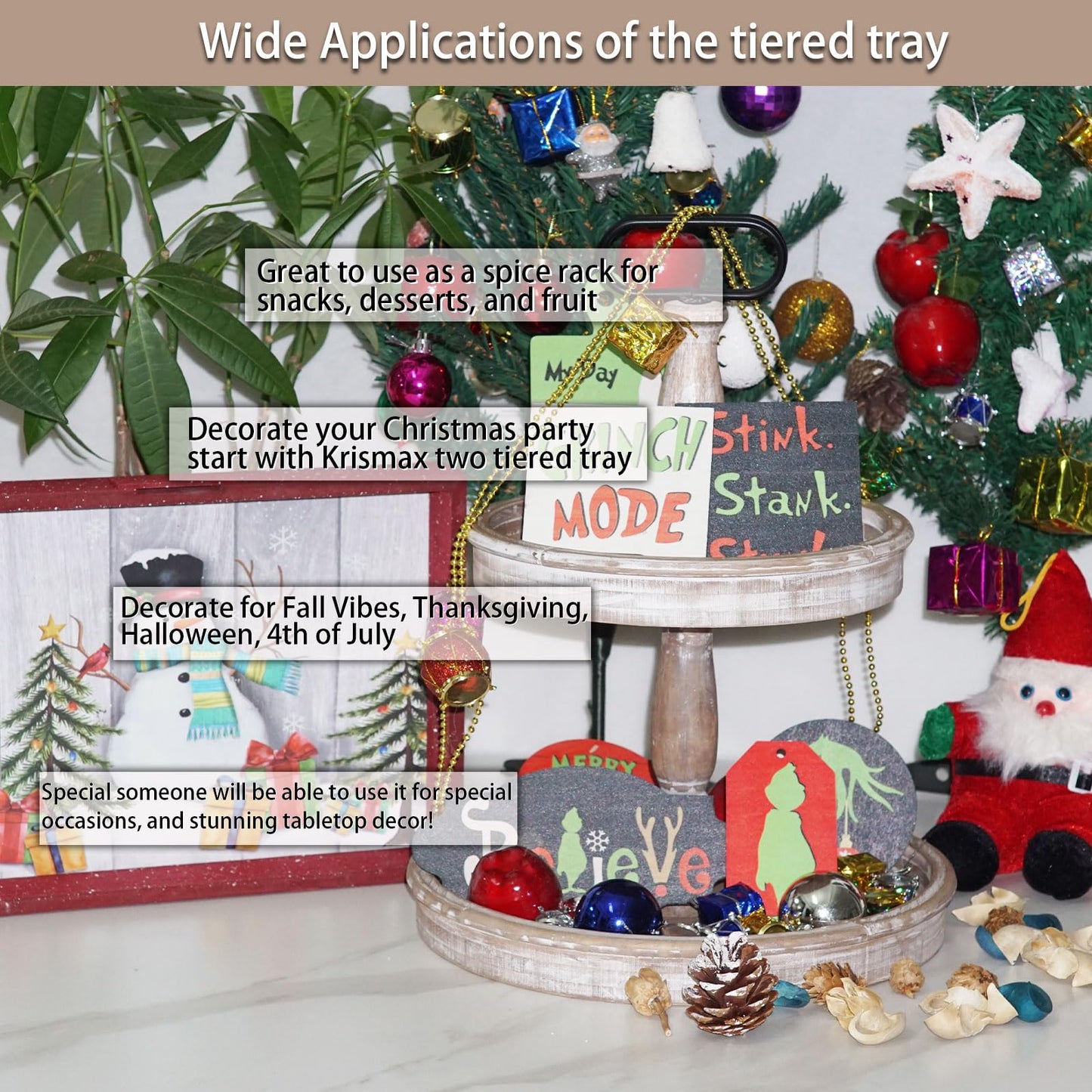 Krismax Decorative Trays - Two Tiered Tray Stand Rustic Decor Farmhouse 2 Tiered Tray Serving Tray Seasonal & Holiday Decoration Wooden Tray