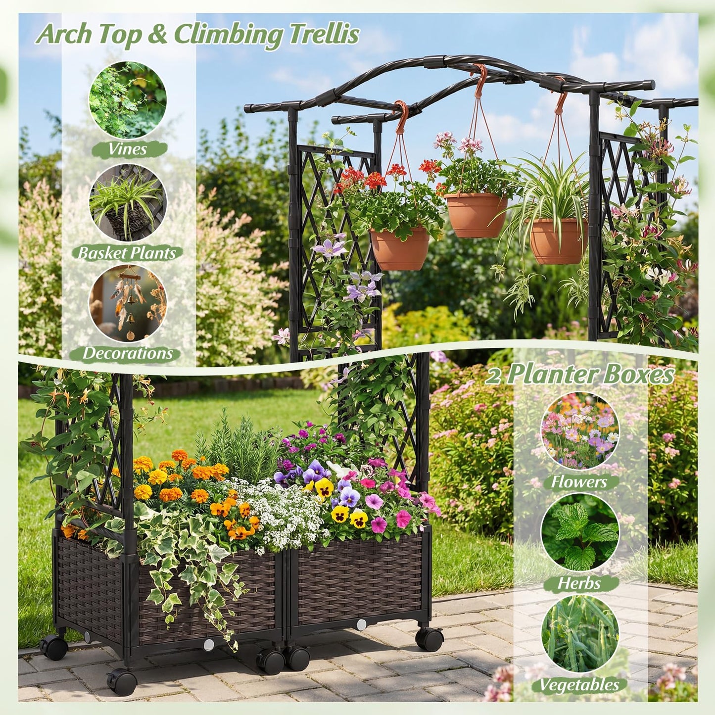 Giantex Planter Boxes with Arch Trellis, 5FT Self-Watering Tall Raised Garden Bed w/Wheels, Hanging Roof & Drainage Holes, Outdoor Indoor Tomato Planter for Climbing Vines Vegetables (60"x16"x58")