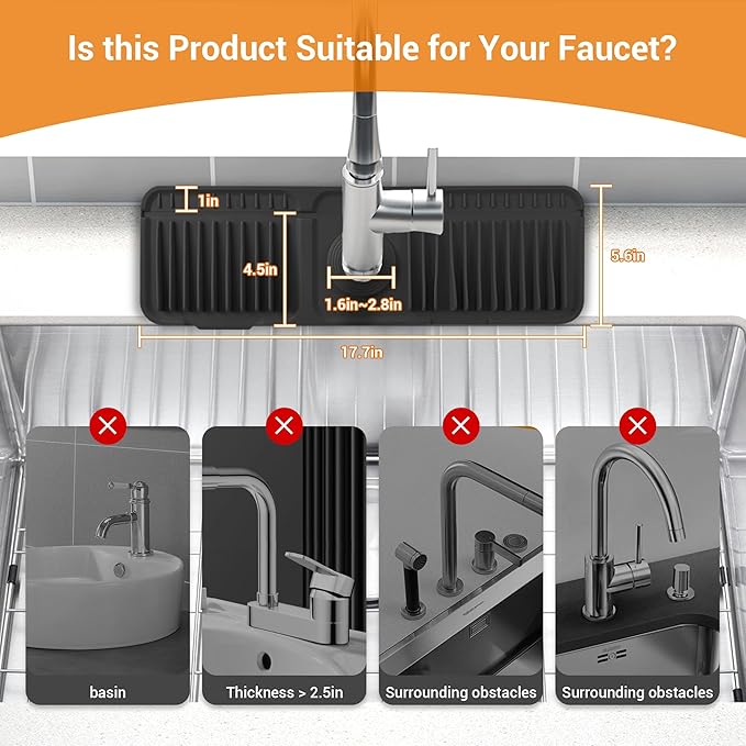 Faucet Mat for Kitchen Sink, 17.7"X5.5" Silicone Sink Splash Guard