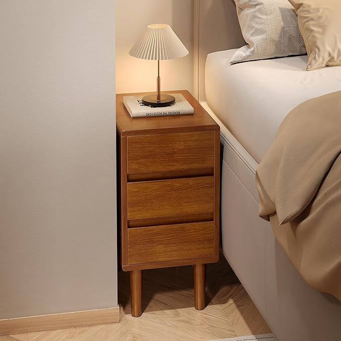 Nightstand with 3 Drawers Narrow Night Stand Solid Wood Bedside Table Mid