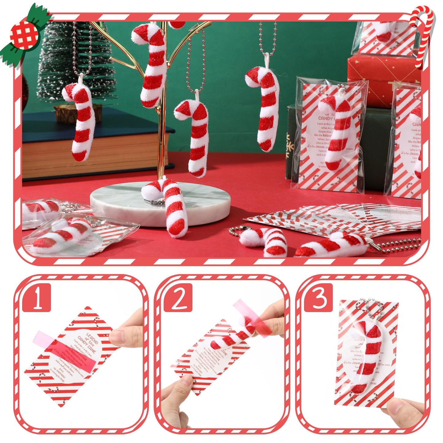 Soulchen 24 Set Christian Christmas Ornaments Bulk Candy Cane Ornaments with The Legend of The Candy Cane Cards for Church Christmas Stocking Stuffers Party Favor