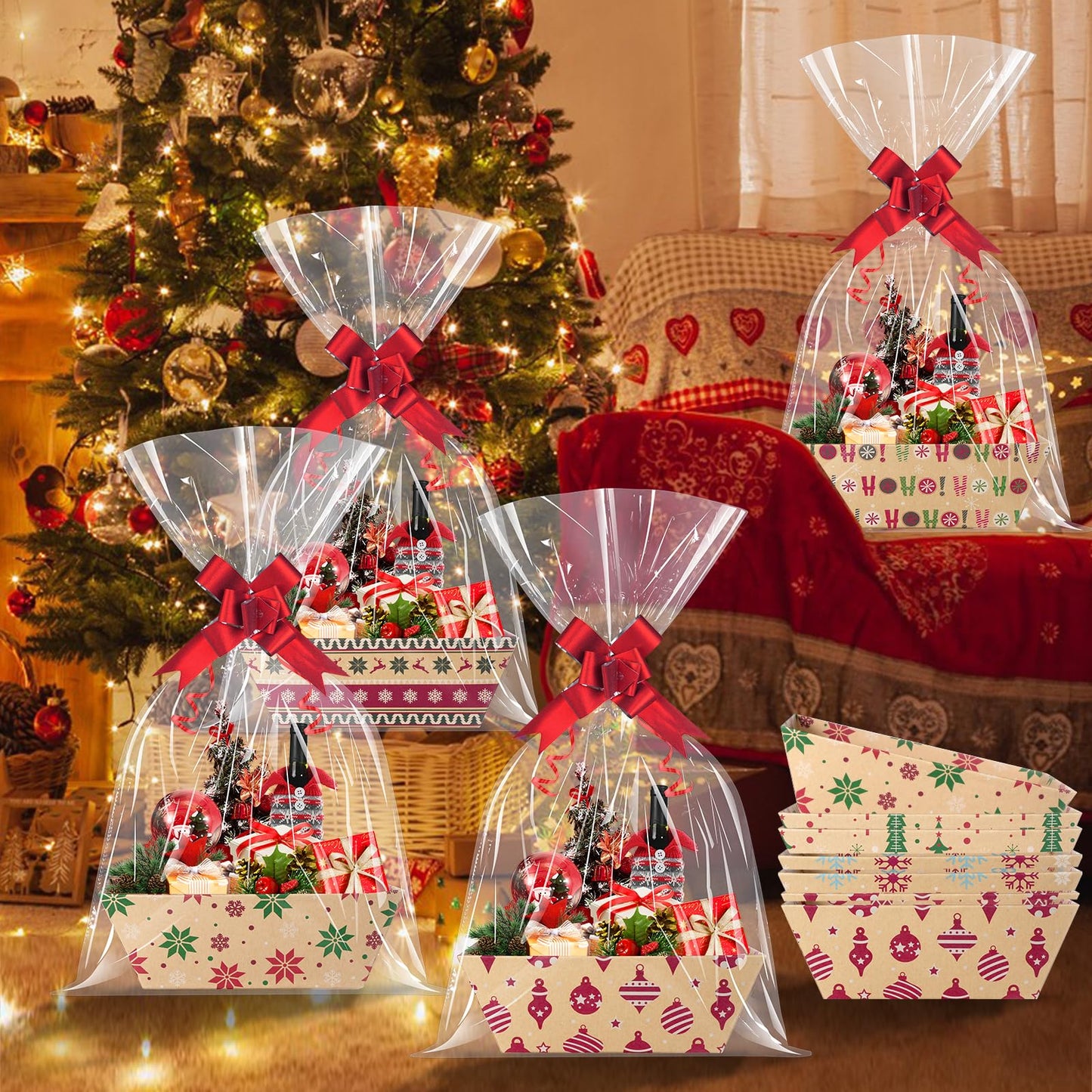 Pascliyna 12 Set Christmas Gift Baskets Empty 10x7 Inch, Kraft Paper Christmas Gifts Baskets with Cellophane Bags and Red Pull Bows, Reusable Gift Wrapping for Xmas Holiday Winter Party Supplies