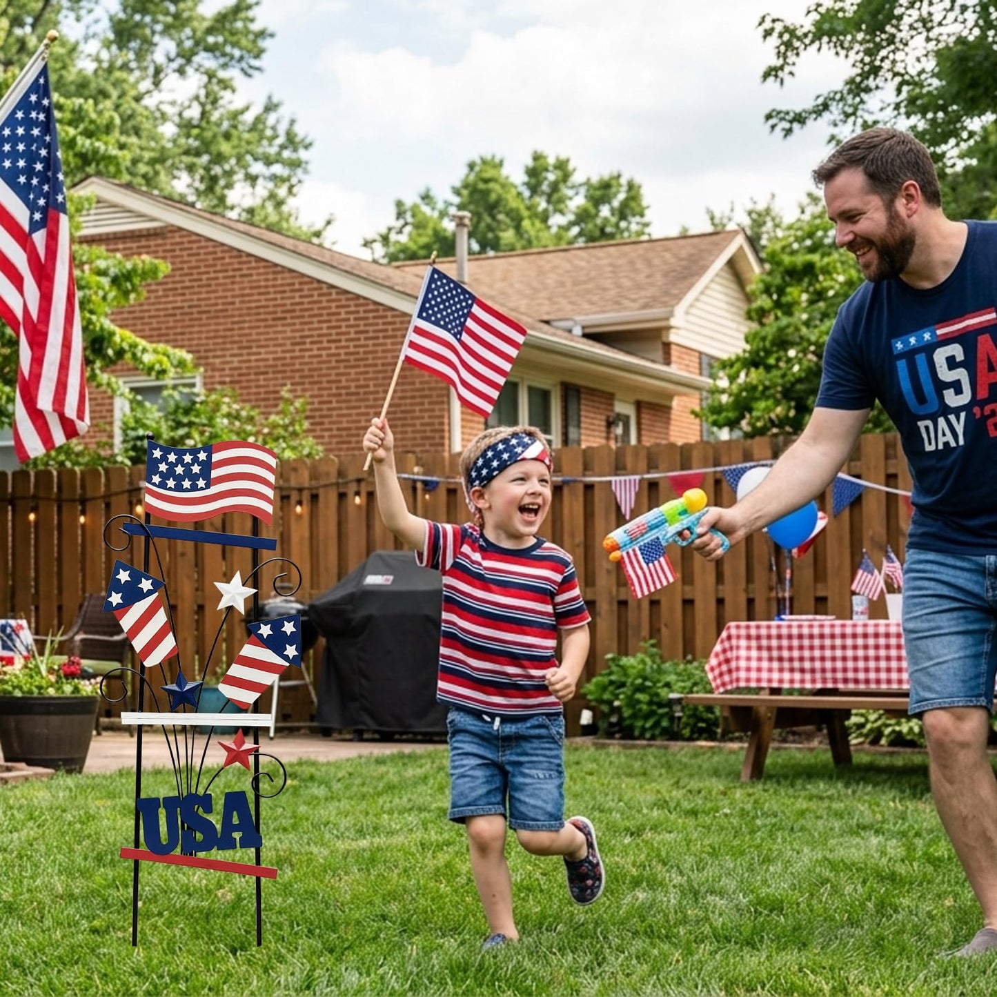 WKHOMEDECO 4th of July Decorations Outdoor, 30 Inch Metal Patriotic Garden Stakes, USA Yard Sign with American Flag, Red White and Blue Yard Decorations for Memorial Day Lawn Porch