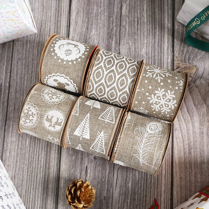 MEEDEE Burlap & White Print Ribbon - Wired Burlap Ribbon, 2.5 Inch, 6 Rolls, 36 Yards - Christmas Tree & Wreath Decorations