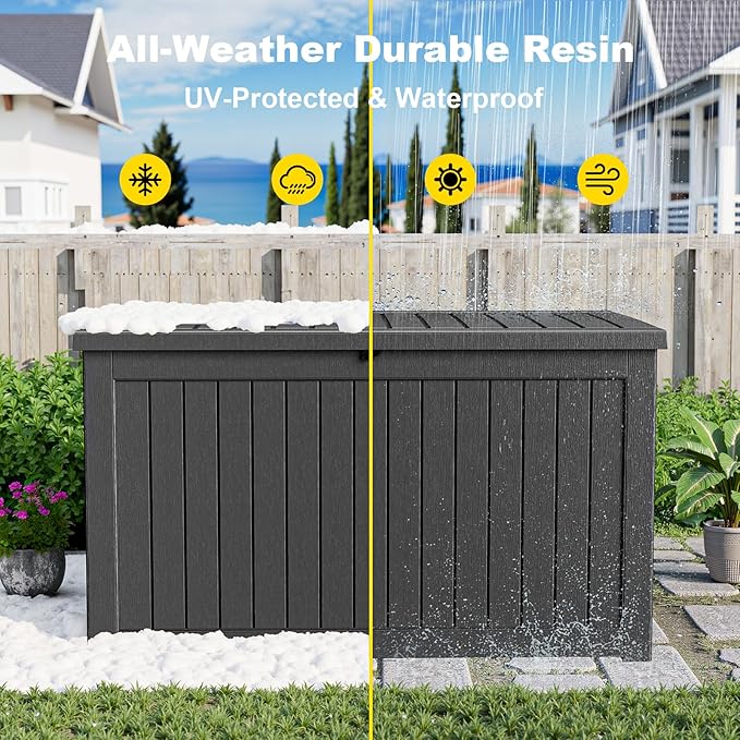 280 Gallon Resin Deck Box, Lockable Weatherproof Outdoor Storage Box for Furniture, Garden Tools and Tools Storage, Waterproof Outside Storage Boxes - Black