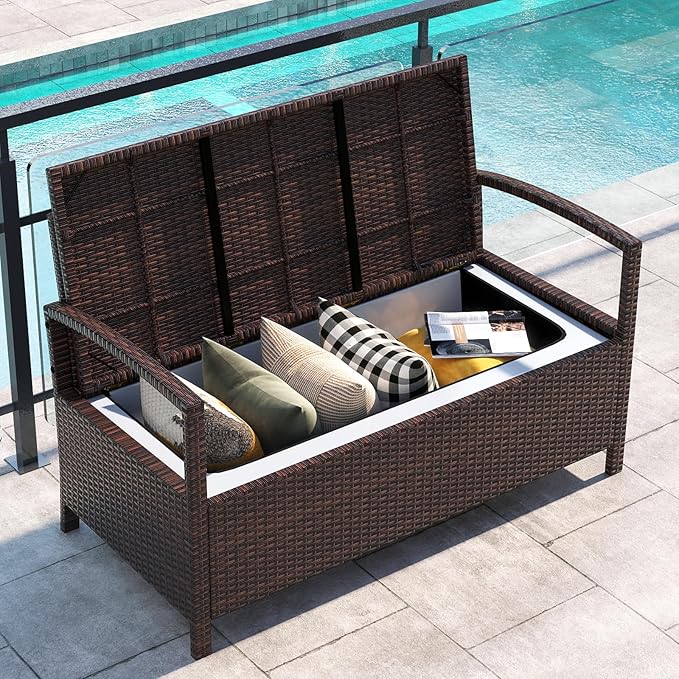 Tangkula 42 Gallon Outdoor Bench with Storage, Outdoor PE Rattan Storage Bench with Cushion, Backrest & Acacia Wood Armrests, Metal Frame, Waterproof Deck Box Seat for Porch Backyard Poolside