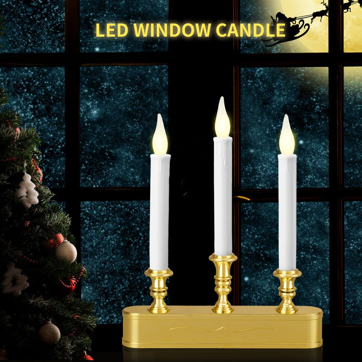 FGDECORJOIE Delicate Battery Operated Flicker Flame Gold Antique 3 Tier LED Window Candelabra 11.5 Inch Hight with Automtically Timer 8 Hours On/16 Hours Off