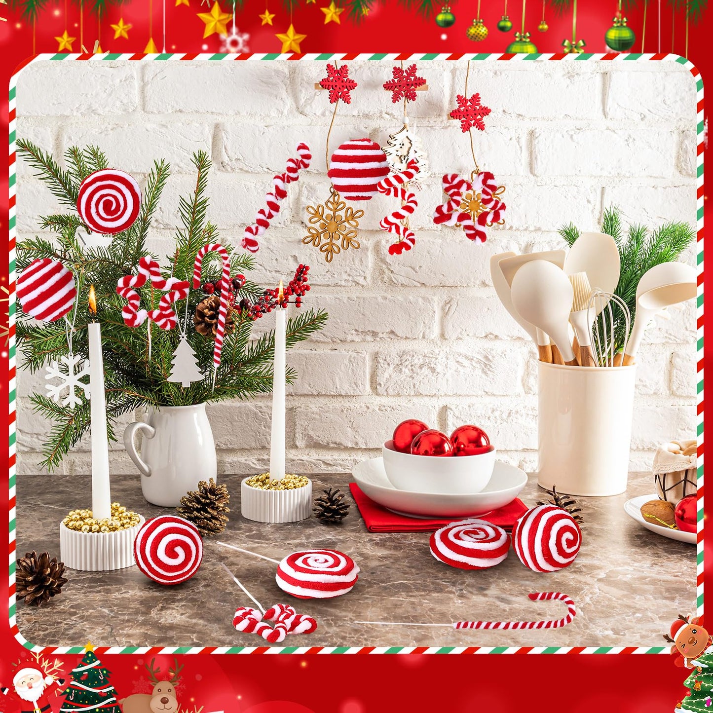 Yerliker 24 Pcs Candy Cane Christmas Tree Decorations, Fluff Christmas Ornaments Peppermint Lollipop Balls Curly Picks for Home Wreath Table Vase Mantel Decor(Red, White,Large)